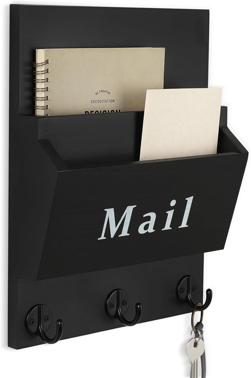 Lucundm Mail and Key Holder - Decorative 9.8" x 12.5" Wall Key Hanger with 2 Mail Organizer Slots and 3 Hooks - Real Paulownia Wood with Keyhole Brackets, Hardware and Instructions (Black) - Image 1